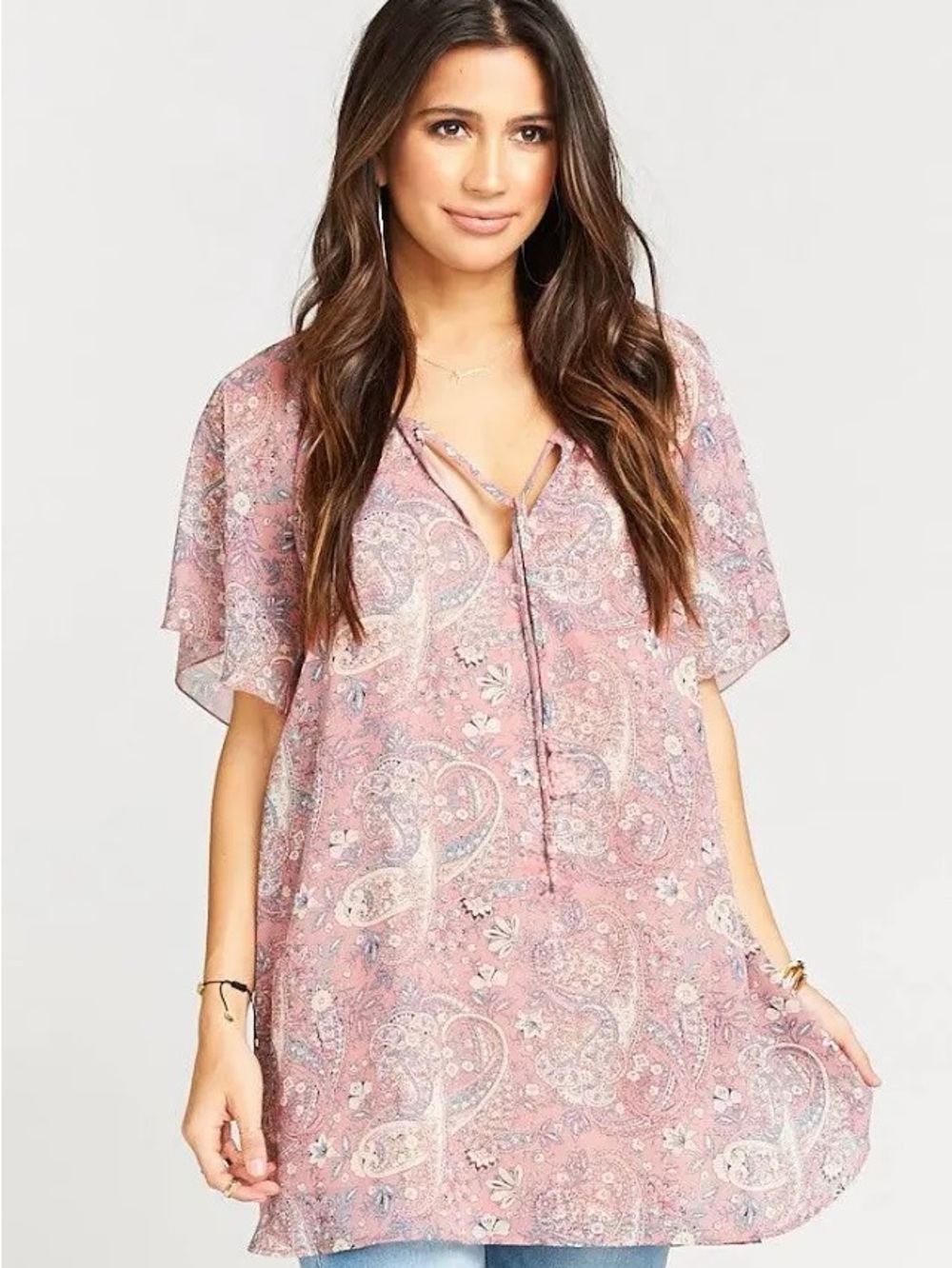 Show Me Your MuMu Pink Paisley Tie-Front Tunic Top Size XSmall